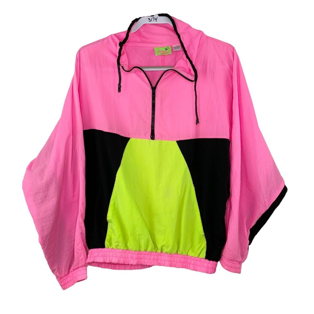 Shell Shock Nylon Jacket Streetwear Neon Pink Pullover Vintage Size L 80s 90s